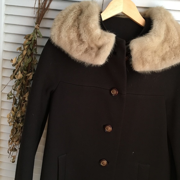 {Vintage} Fur Collar 60's Style Wool Button Coat 4 - Picture 2 of 8